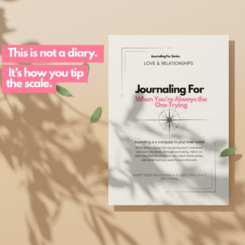Journaling For – When You’re Always the One Trying’ workbook displayed on a beige background with soft leaf shadows and bold pink text overlay