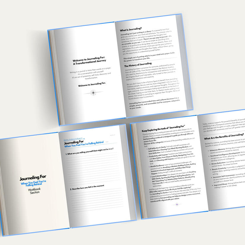 Open spread of the ‘Journaling For – When You Feel You’re Falling Behind’ workbook showing introductory pages and guided prompts.