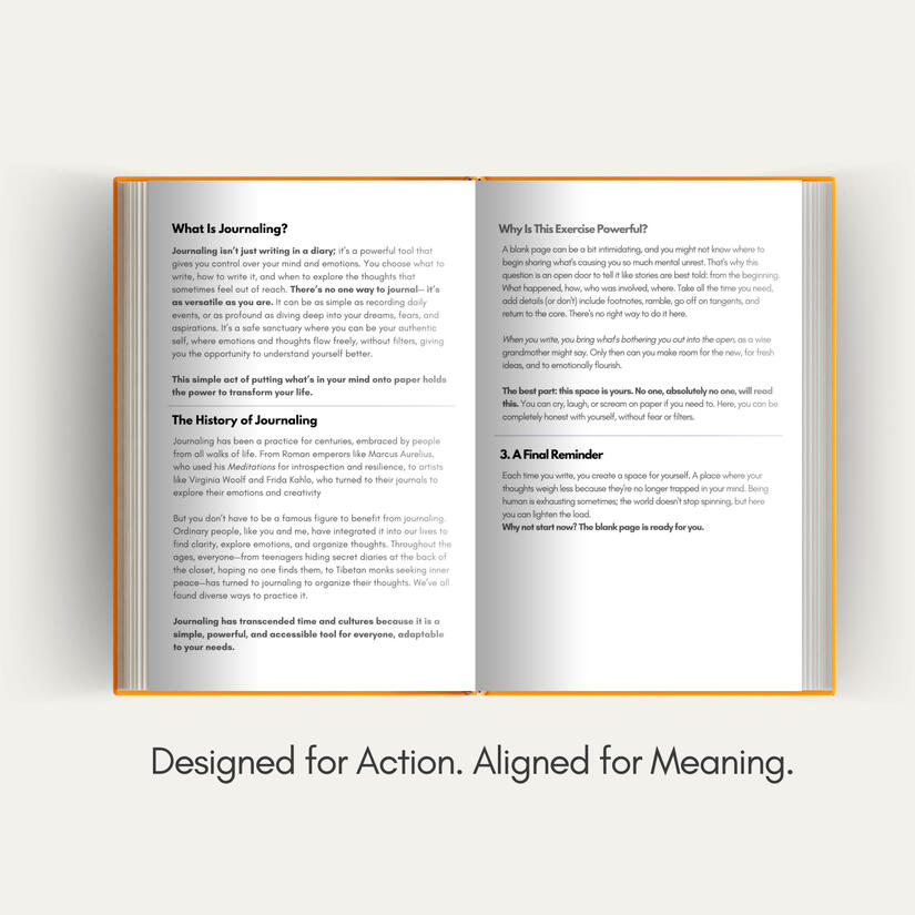 Untitled Open spread of a ‘Journaling For’ guided workbook featuring section headers, explanations, and reflective prompts in the Productivity With Purpose style.